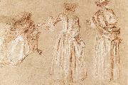 WATTEAU, Antoine, Three Studies of a Lady with a Hat